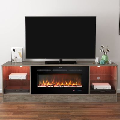 Kentsky 72" Fireplace TV Stand, Entertainment Center with 36" Electric Fireplace, LED Light Wood Storage Cabinet Table, Media Console for TVs Up to 80", Thermostat, 13 Flame Colors, Grey