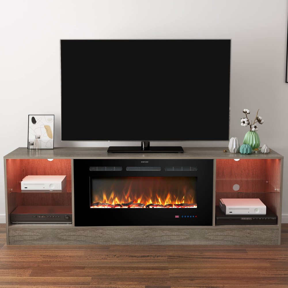 Kentsky 72" Fireplace TV Stand, Entertainment Center with 36" Electric Fireplace, LED Light Wood Storage Cabinet Table, Media Console for TVs Up to 80", Thermostat, 13 Flame Colors, Grey