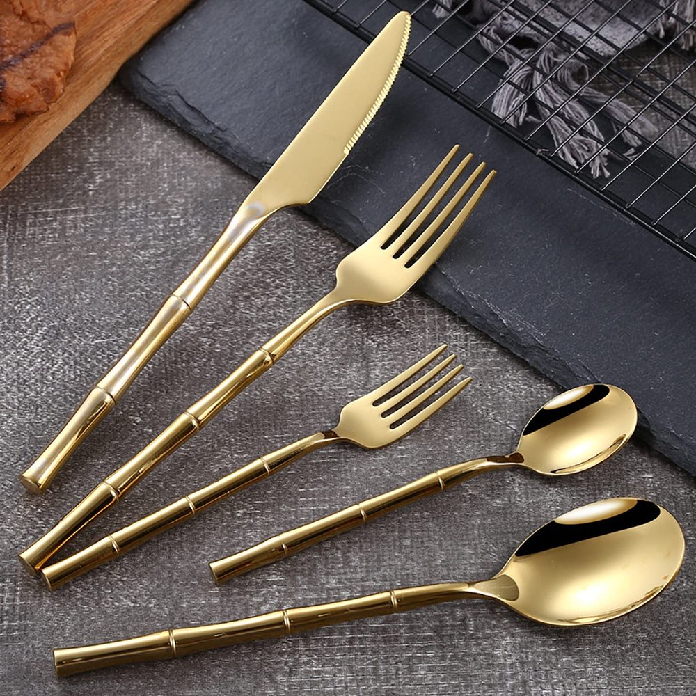 Bamboo Shape Gold Silverware Set Durable 18/10 Stainless Steel Flatware Sets Wedding Kitchen Halloween Cutlery Utensil 20 Piece Tableware Service for 4 Dishwasher Safe Mirror Polished Nice Weight