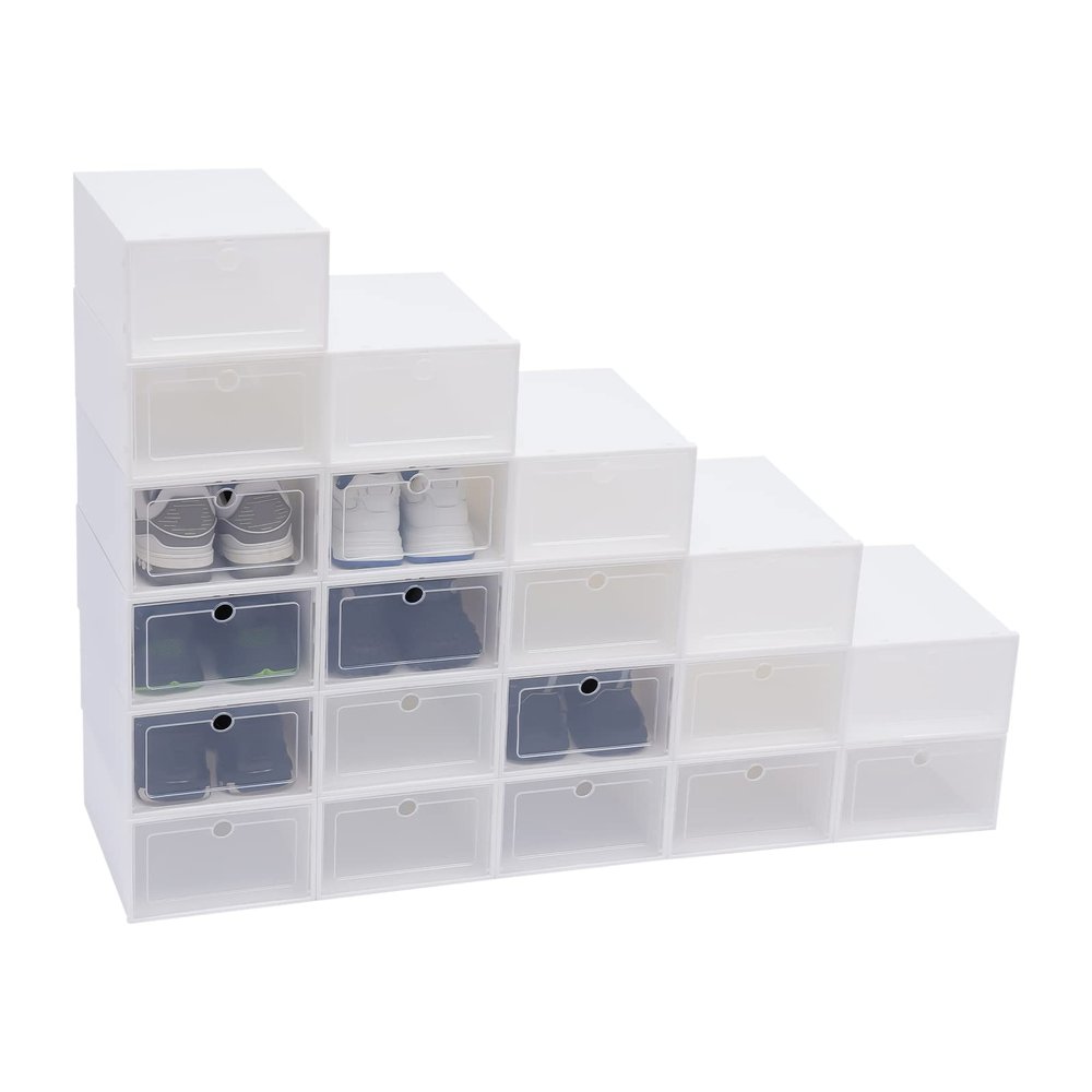 LOYALHEARTDY 20 PCS Shoe Storage Boxes Clamshell Clear Shoe Boxes Stackable Plastic Shoe Boxes with Lids Home Shoe Organizer For Sneaker Storage Foldable Shoe Sneaker Containers Easy Assembly