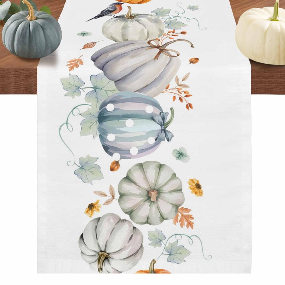 LooPoP Thanksgiving Fall Pumpkin Table Runners Maple Leaf White Rustic 13x48 Inches Long Washable Table Runner for Round Table Kitchen Coffee Dining End Table Living Room Use