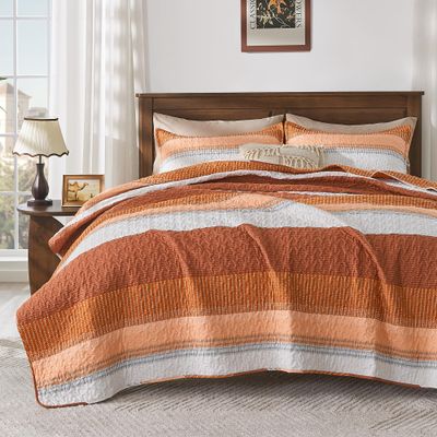 Andency Orange Quilt Queen(90x96Inch), 3 Pieces (1 Striped Quilt and 2 Pillowcases) Patchwork Striped Bedspread Coverlet Set, Soft Lightweight All Season Quilted Bedding Set