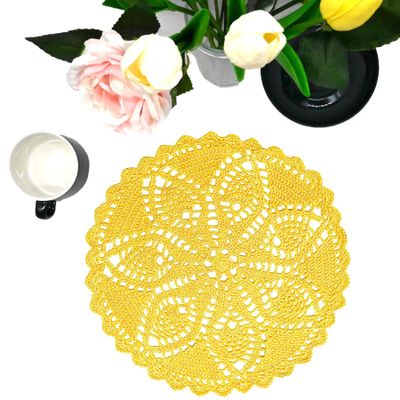 BIBITIME 11 inches to 12 inches Round Lace Placemats Table Doilies Round Handmade Crochet Doily Kitchen Cup Mug Mats for Mother's Day Anniversary,Yellow,1 PC