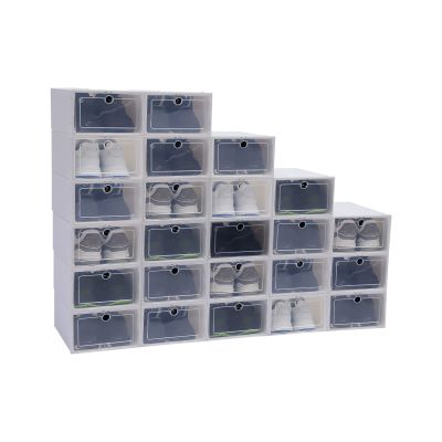 LOYALHEARTDY 24 PCS Modern White Rectangular Plastic Shoe Boxes with Lids, Transparent, Stackable, Foldable, Shatterproof, Airtight, 13" x 9.05" x 5.51"