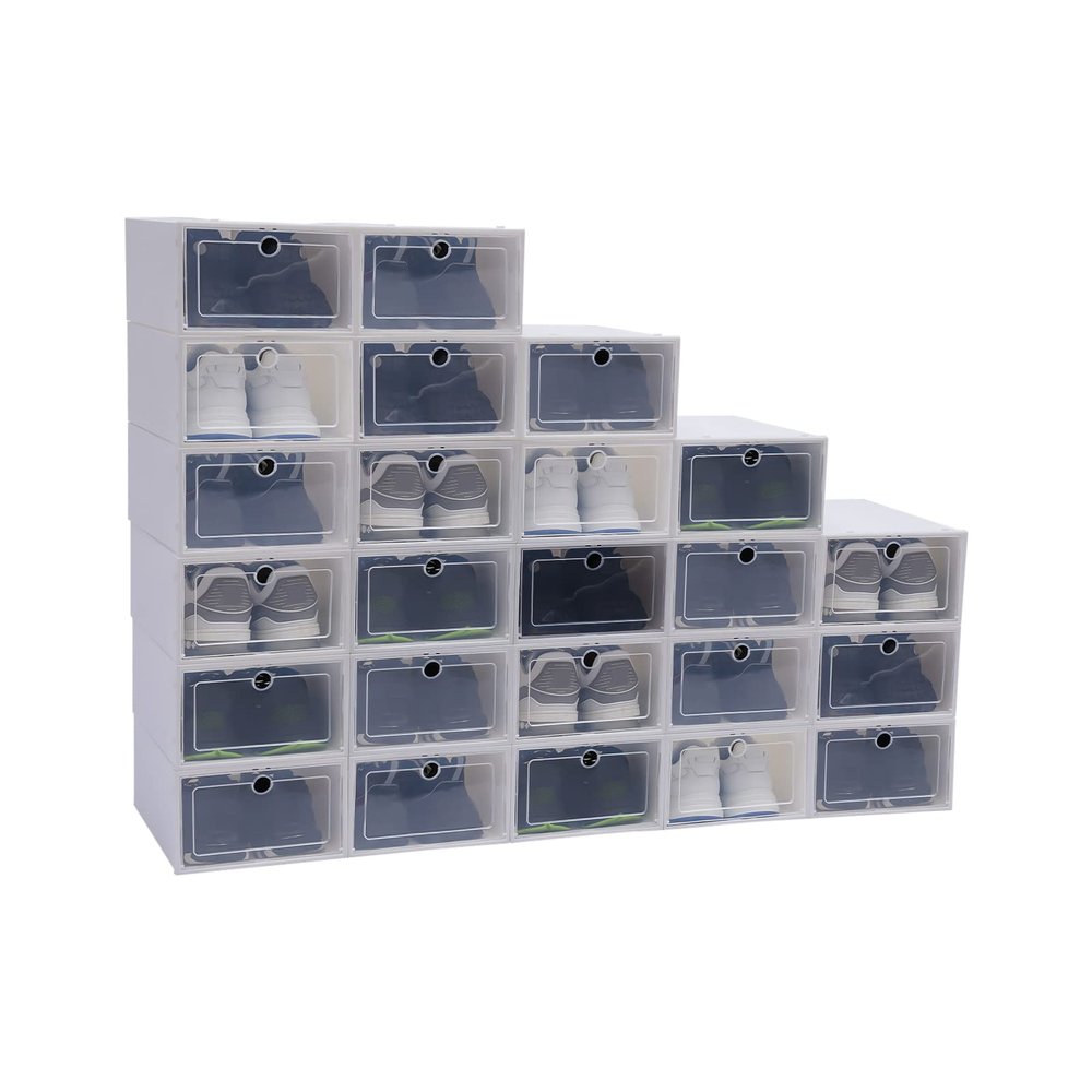 LOYALHEARTDY 24 PCS Modern White Rectangular Plastic Shoe Boxes with Lids, Transparent, Stackable, Foldable, Shatterproof, Airtight, 13" x 9.05" x 5.51"