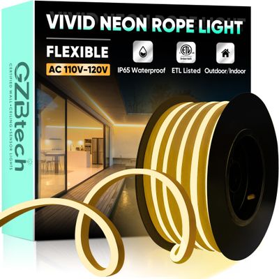 GZBtech Flexible LED Neon Rope Lights 16.4FT,AC 110-120V Waterproof Strip Light, 2800K Cuttable Connectable Neon Lighting for Indoor Outdoor Home Decor/Commercial Use-Warm White 5M, ETL Listed
