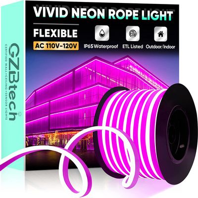 GZBtech Flexible LED Neon Rope Lights 66FT,AC 110-120V Waterproof Strip Light, 120 LEDs/M Cuttable Connectable Neon Lighting for Indoor Outdoor Home Decor/Commercial Building Use-Pink 20M