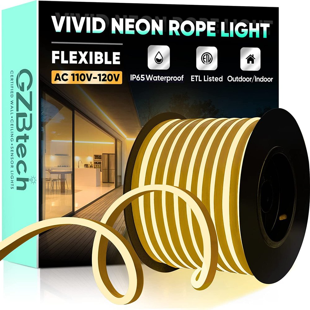 GZBtech Flexible LED Neon Rope Lights 82FT,AC 110-120V Waterproof Strip Light, 120 LEDs/M Cuttable Connectable Neon Lighting for Indoor Outdoor Home Decor/Commercial Use-Warm White 25M, ETL Listed