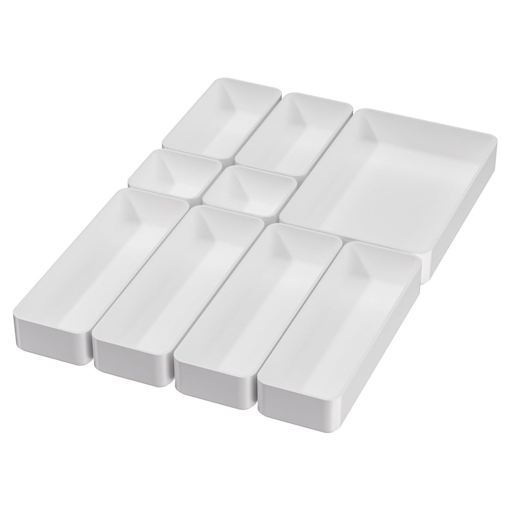 9 Pcs Stackable Drawer Organizer Trays Set, Multifunctional Stackable Storage Trays for Vanity, Bathroom, Kitchen, Desk Drawer Organizer Office. Plastic Drawer Organizers Available In 5 Colours, White