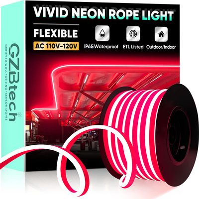 GZBtech Flexible LED Neon Rope Lights 50FT,AC 110-120V Waterproof Strip Light, 120 LEDs/M Cuttable Connectable Neon Lighting for Indoor Outdoor Home Decor/Commercial Building Use-Red 15M, ETL Listed