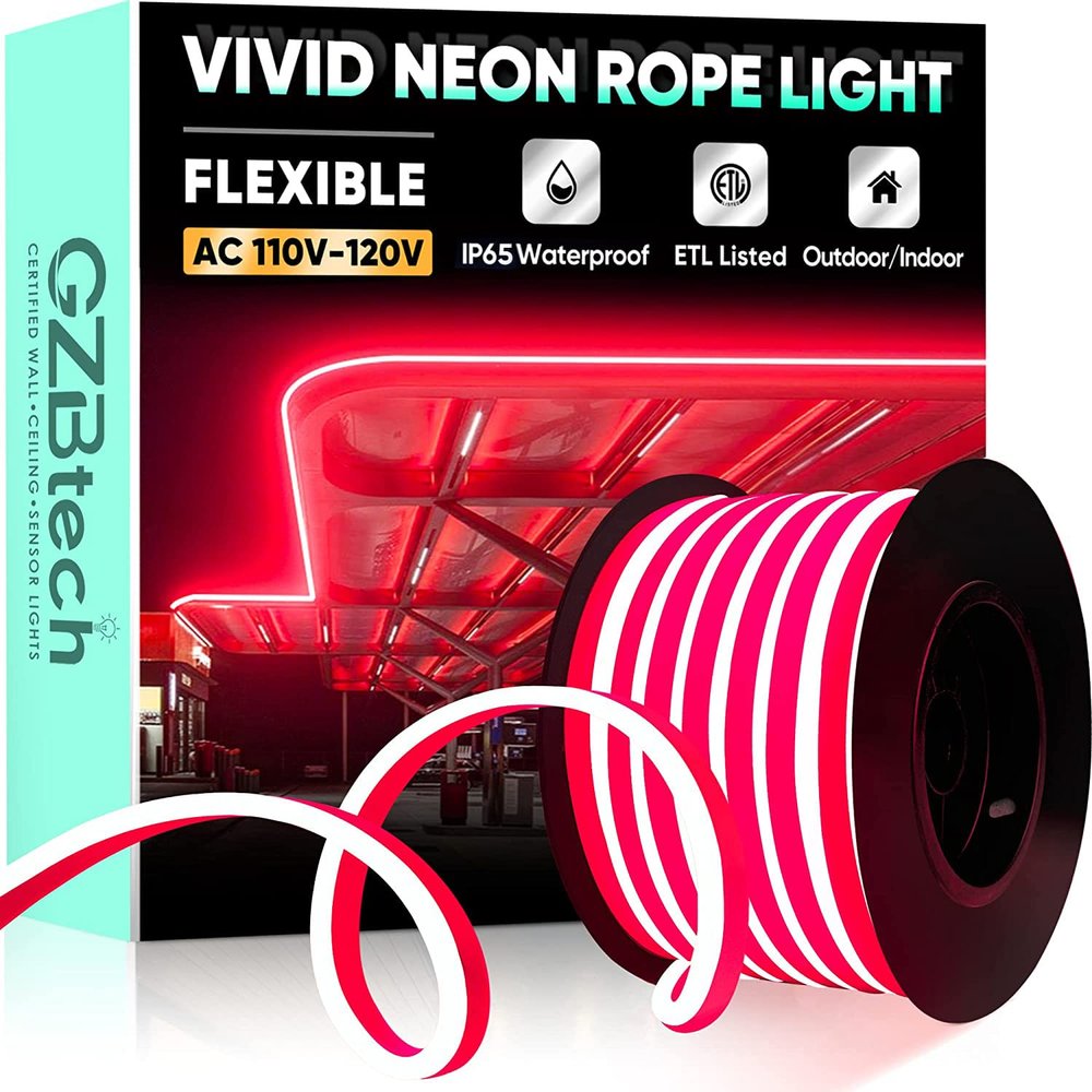 GZBtech Flexible LED Neon Rope Lights 50FT,AC 110-120V Waterproof Strip Light, 120 LEDs/M Cuttable Connectable Neon Lighting for Indoor Outdoor Home Decor/Commercial Building Use-Red 15M, ETL Listed