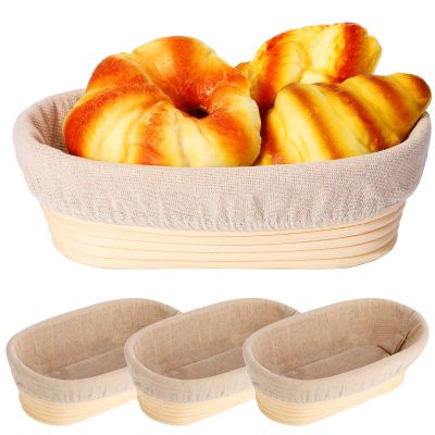 4 Pieces 10 Inch Bread Banneton Proofing Basket Oval Shape Bread Proofing Basket Rattan Oval Banneton Dough Proofing Bowls with Liners and Scatters for Home Sourdough Baking