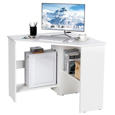 Augester Modern Corner Desk, 90 Degree Triangle Computer Table with Shelves, Cable Hole, Space Saving Corner Writing Desk for Bedroom, Living Room, Workstation (White)