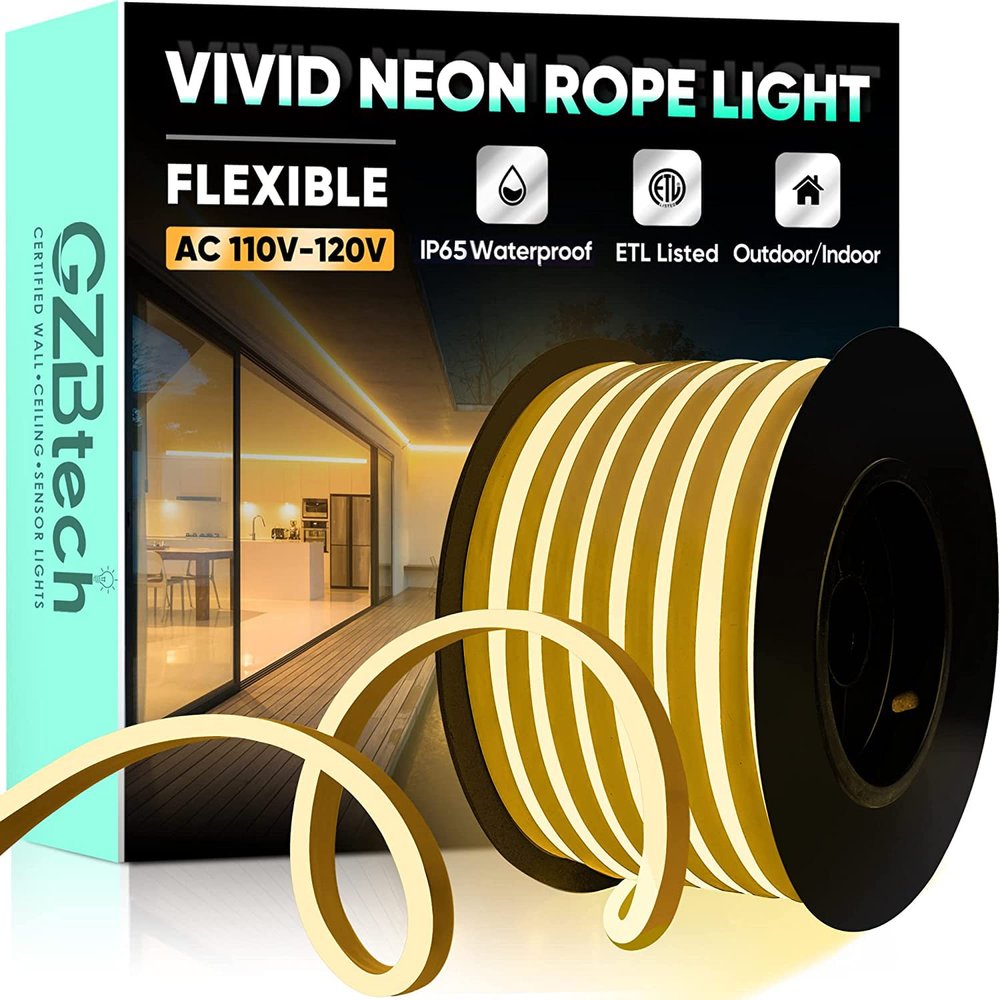 GZBtech Flexible LED Neon Rope Lights 50FT,AC 110-120V Waterproof Strip Light, 120 LEDs/M Cuttable Connectable Neon Lighting for Indoor Outdoor Home Decor/Commercial Use-Warm White 15M, ETL Listed