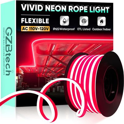 GZBtech Flexible LED Neon Rope Lights 33FT,AC 110-120V Waterproof Strip Light, 120 LEDs/M Cuttable Connectable Neon Lighting for Indoor Outdoor Home Decor/Commercial Building Use-Red 10M, ETL Listed