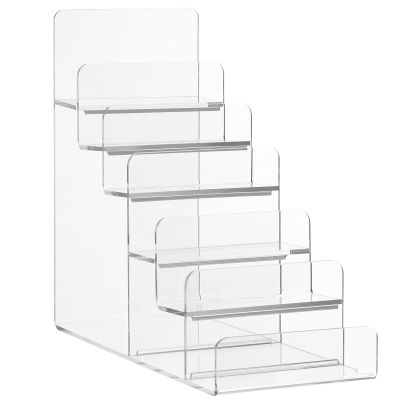 Cabilock 6-Tier Clear Acrylic Wallet Display Stand Stepped Purse Organizer for Closet, Handbag & Clutch Storage Rack, Multipurpose Tiered Shelf for Eyewear, Jewelry & Retail Merchandising