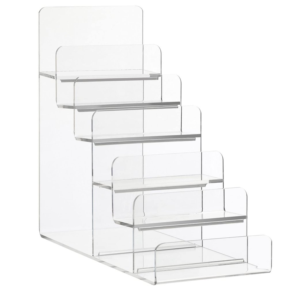 Cabilock 6-Tier Clear Acrylic Wallet Display Stand Stepped Purse Organizer for Closet, Handbag & Clutch Storage Rack, Multipurpose Tiered Shelf for Eyewear, Jewelry & Retail Merchandising