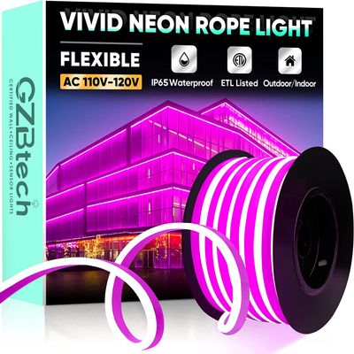 GZBtech Flexible LED Neon Rope Lights 33FT,AC 110-120V Waterproof Strip Light, 120 LEDs/M Cuttable Connectable Neon Lighting for Indoor Outdoor Home Decor/Commercial Building Use-Pink 10M, ETL Listed