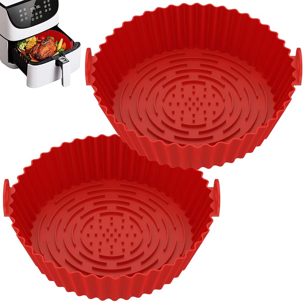 Jetcloud 2Pcs Air Fryer Silicone Pot Red Reusable Air Fryer Liner Heat Resistant Air Fryer Non-Stick Silicone Basket 7.87inch Round Baking Pan Air Fryer Accessories for Air Fryer Oven