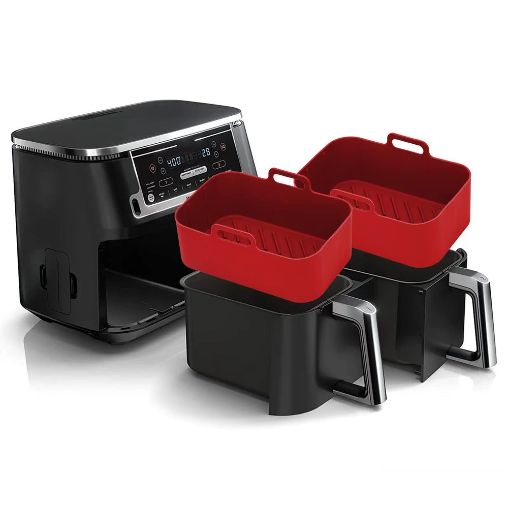 Silicone Air Fryer Liners for Ninja Foodi Dual DZ201/DoubleStack SL201 8QT, 2Pcs Reusable Airfryer Dual Basket for Chefman 6QT/Instant Vortex Plus XL 8QT | Non-stick | Easy Cleaning | Food Safe | Red