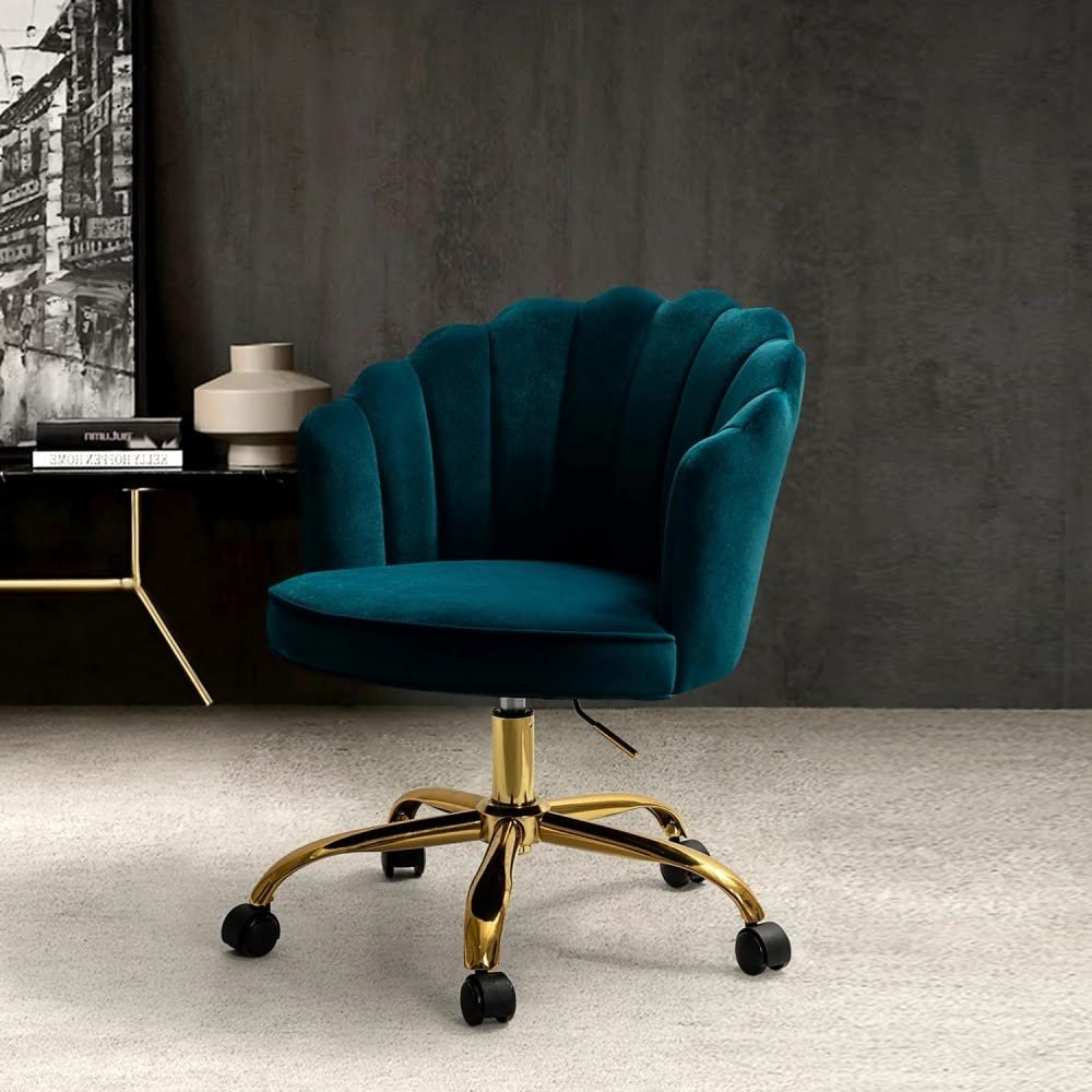 Chic Style Office Velvet Task Chair, Tufted Flower Shape Back Ultra Plush Luxe Seating| Ergonomic Home Desk,Metal Five-Pronged Base with Wheels | Height Adjustable & Swivel,Teal Blue/Green