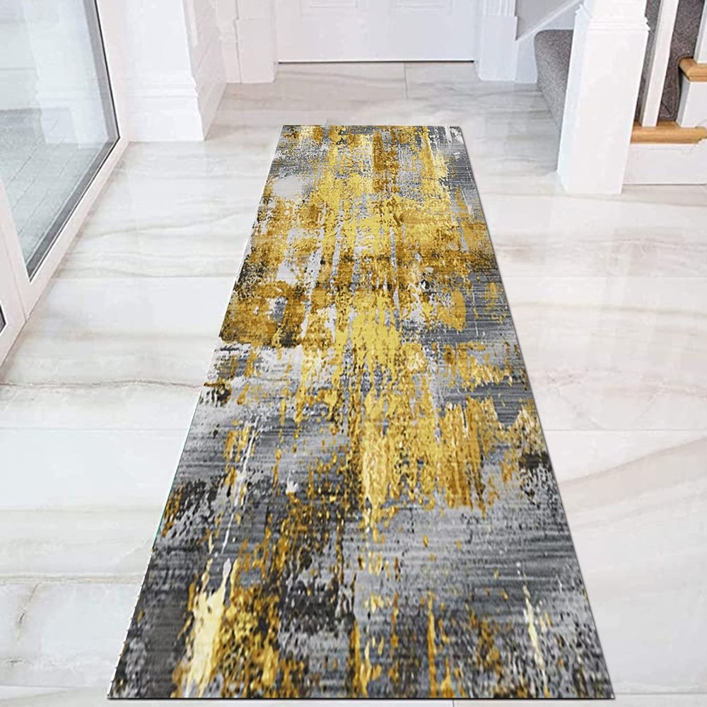 Long Carpet Runners for Hallway Modern Washable Area Rug Corridor/Kitchen/Bedroom/Doorway/Entryway/Stair Narrow Runner Rug 80x450cm Grey/Gold (Size : 2.6 ft x 6.6 ft)