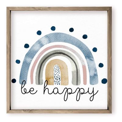 Be Happy Water Color Rainbow Nursery Wall Sign Decor Kid's Room With Frame 20x20