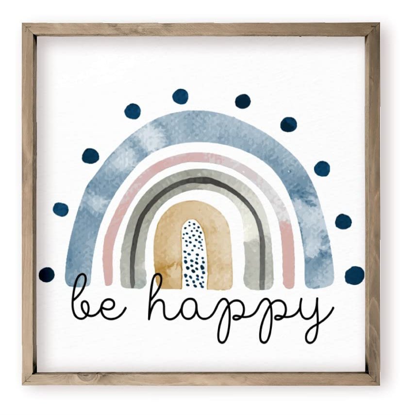 Be Happy Water Color Rainbow Nursery Wall Sign Decor Kid's Room With Frame 20x20