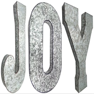 20" Tall Metal "JOY" Letters - Approximately 2.7 Foot Long Hanging Dcor, Silver with Rusted Edges, Galvanized Wall Mountable Decoration for Country, Mid-Century, or Farmhouse Theme