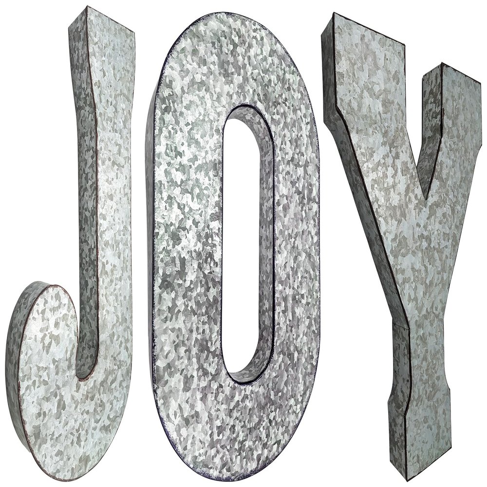 20" Tall Metal "JOY" Letters - Approximately 2.7 Foot Long Hanging Dcor, Silver with Rusted Edges, Galvanized Wall Mountable Decoration for Country, Mid-Century, or Farmhouse Theme