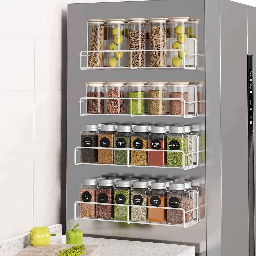 Mystozer 4 Pack Magnetic Spice Rack Organizer, Space Saver for Refrigerator and Microwave Oven, Metal Fridge Shelf, White