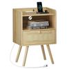 SUPERJARE Nightstand with Charging Station & Rattan-Like Decor Drawer, Rattan End Table with Solid Wood Feet, Bed Side Table with Open Storage, for Bedroom, Living Room, Dormitory - Natural view 1