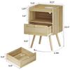 SUPERJARE Nightstand with Charging Station & Rattan-Like Decor Drawer, Rattan End Table with Solid Wood Feet, Bed Side Table with Open Storage, for Bedroom, Living Room, Dormitory - Natural view 3
