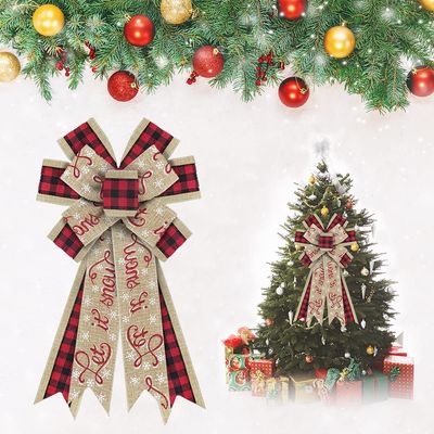Estivaux Large Christmas Bows for Wreath, Christmas Wreath Bows Black Red Buffalo Plaid Bows Xmas Snowflake Bows Natural Burlap Tree Topper Bows for Front Door Christmas New Year Decorations