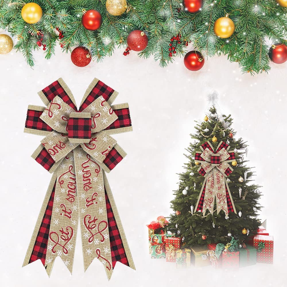 Estivaux Large Christmas Bows for Wreath, Christmas Wreath Bows Black Red Buffalo Plaid Bows Xmas Snowflake Bows Natural Burlap Tree Topper Bows for Front Door Christmas New Year Decorations