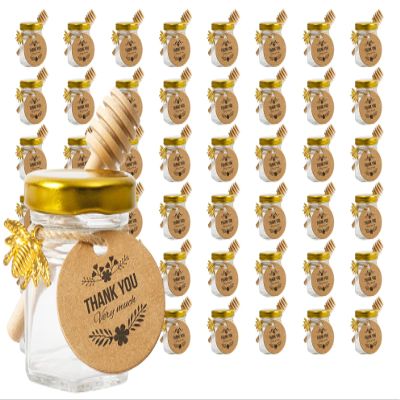 1.5oz 48 Pack Mini Glass Hexagon Canning Jars with Gold Lid, Bee Charms Honeybee Pendant, Honey Dipper Sticks, Jute Tag String, Thank You Gift Tags, Baby Shower Party Wedding Favors (48 Golden Bee)