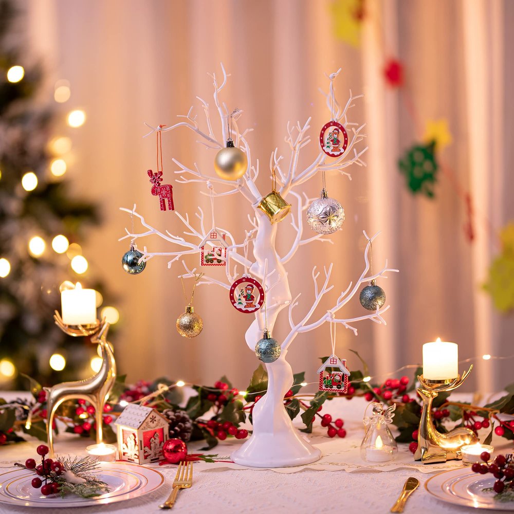 Inweder Ornament Tree Display Stand: 23 Tall White Artificial Halloween Christmas Tree Ornaments Unique Manzanita Branches Home Decor Indoor 2 PCS