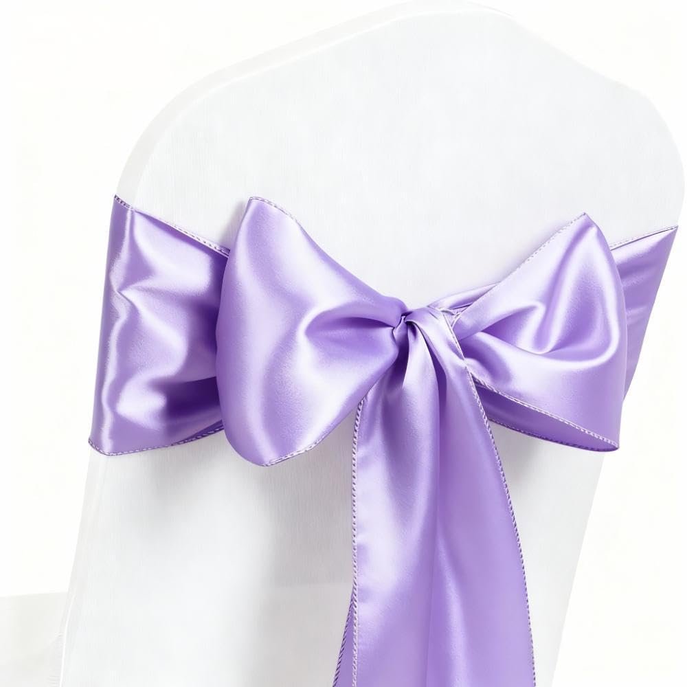 MAGTOWNE 50 Pack Lavender Chair Sashes, Lavender Satin Sashes Ties for Chairs Covers, Light Purple Chair Bows for Party Wedding Birthday Banquet Decor