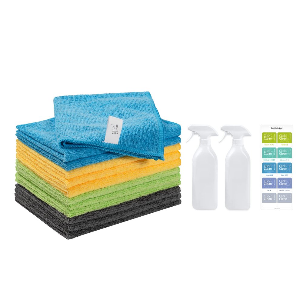 CLICK CLEAN Microfiber Cleaning Cloths, 12-Pack, Size 12" x 16", 2 Free Empty 18.6 oz Bottles and 10 Labels Included, for Cleaning Windows, Glass, Mirrors and Stainless Steel