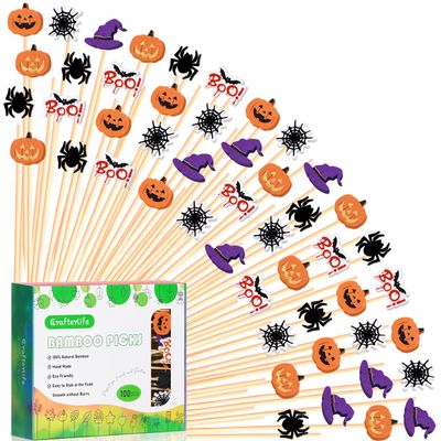 100pcs 5" Halloween Cocktail Picks Ghost Pumpkin Spider Boo Bat Theme Decor Toothpicks Skewers Sticks Sandwich Appetizer Charcuterie Board Accessories Food Garnish, Halloween Themed Party Decorations