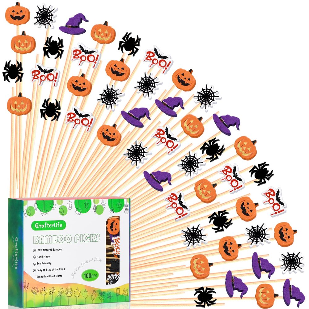 100pcs 5" Halloween Cocktail Picks Ghost Pumpkin Spider Boo Bat Theme Decor Toothpicks Skewers Sticks Sandwich Appetizer Charcuterie Board Accessories Food Garnish, Halloween Themed Party Decorations