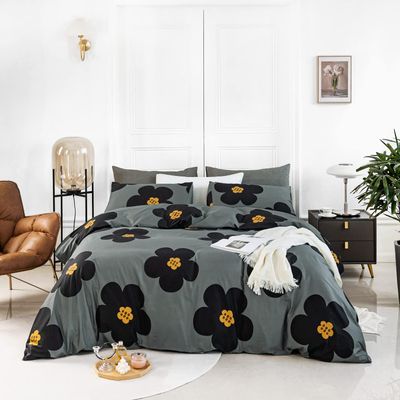 YuHeGuoJi Grey Flower Duvet Cover Queen 100% Cotton Black Blossom Patterned Set 3 Pcs 1 Cute Yellow Botanical Duvet Cover with Zipper Ties 2 Pillowcases