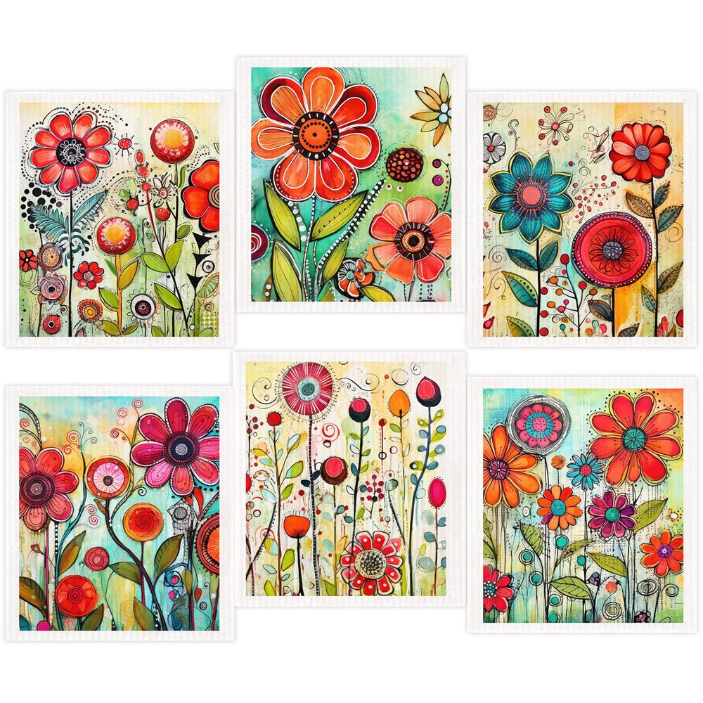 Morigins 6-Piece Spring Flowers Dishcloth Set - Fast-Drying, Absorbent Kitchen Towels