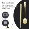 BALWOO [2 Sets] [Made in Korea] Crane Painting Design Korean Table Sticky Rice Spoon and Chopsticks 304 Stainless Steel Gold Titanium Plated Mukbang Cutlery view 3