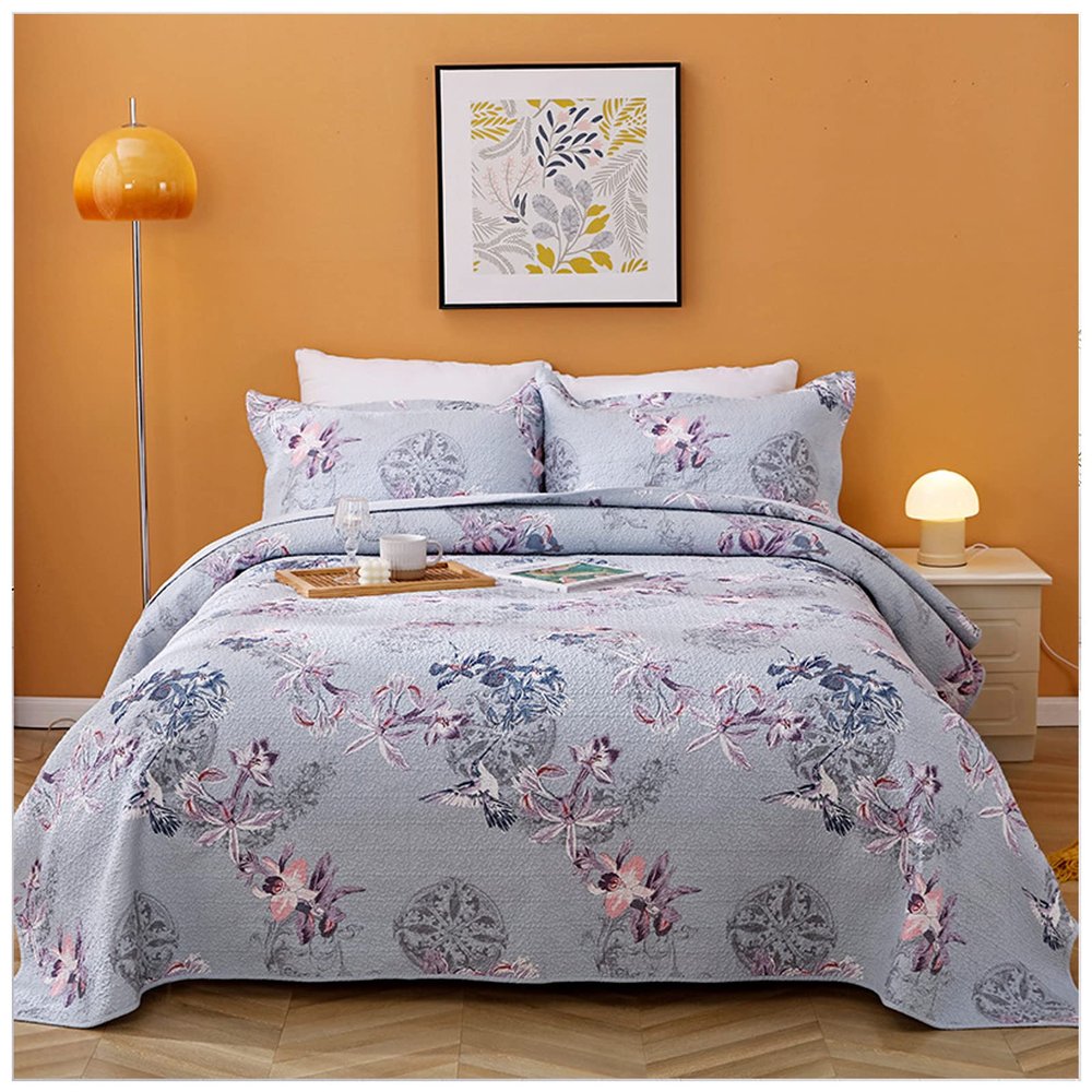 3 Piece Reversible Quilt Set Gray Branch King Size 86x94 Soft 100% Cotton Lightweight Coverlet Bedspread Summer Comforter Set Bed Cover for All Season