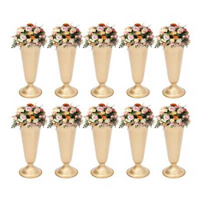10 Pcs Christmas Floral Arrangements,Tabletop Metal Wedding Flower Trumpet Vase Table Decorative Centerpiece, 9.8" Tall Artificial Flower Arrangements For Anniversary Party Home Decoration, Gold