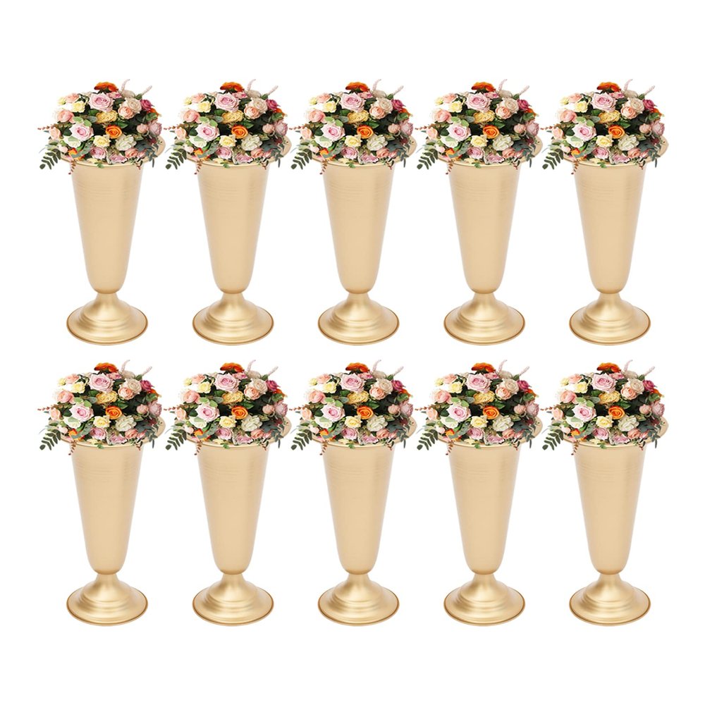 10 Pcs Christmas Floral Arrangements,Tabletop Metal Wedding Flower Trumpet Vase Table Decorative Centerpiece, 9.8" Tall Artificial Flower Arrangements For Anniversary Party Home Decoration, Gold