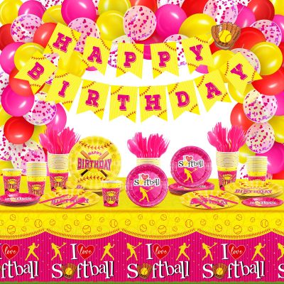 115 Pcs Softball Birthday Party Decorations Softball Party Decorations Plates Tablecloth Birthday Banner Balloons Cup Knife Spoon Forks Tableware Dinnerware Set