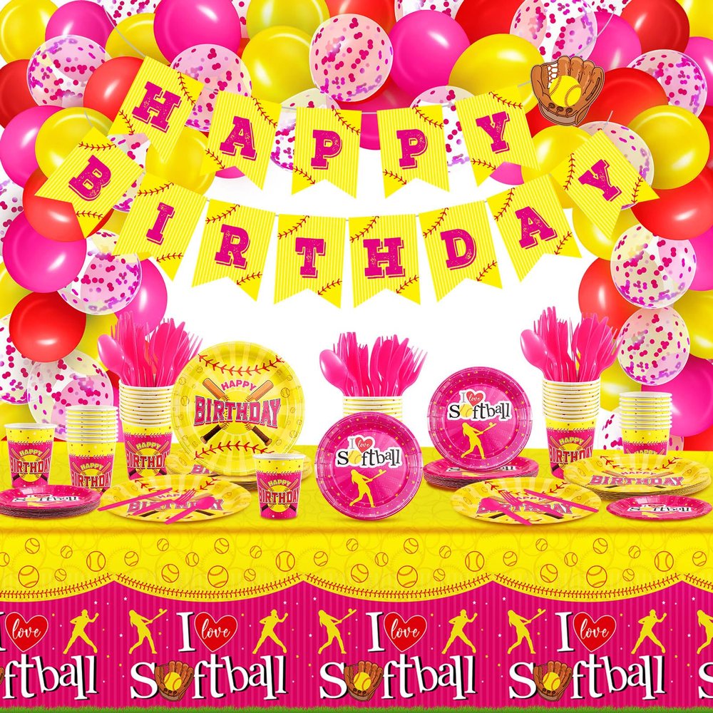 115 Pcs Softball Birthday Party Decorations Softball Party Decorations Plates Tablecloth Birthday Banner Balloons Cup Knife Spoon Forks Tableware Dinnerware Set