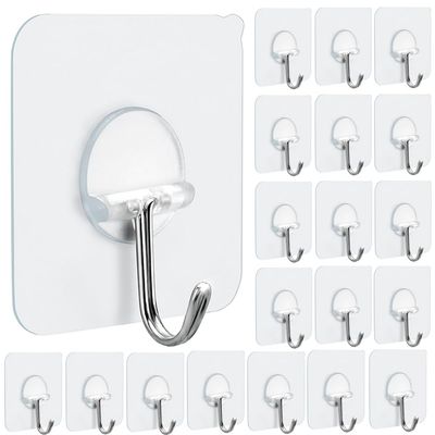 FOTYRIG Clear Adhesive Hooks 180 Rotatable Transparent Sticky Hooks, Heavy Duty 15lbs Waterproof No Drill Wall Hooks for Bathroom Kitchen Hanging Towels Keys-20 Packs
